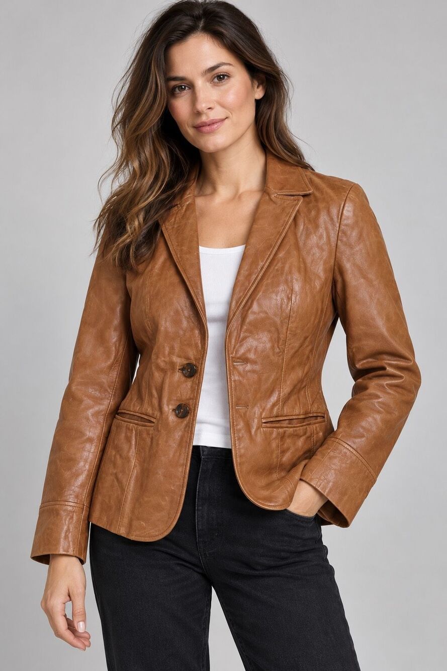 Real Leather Made in England Women's Brown Leather Blazer Jacket UK 12